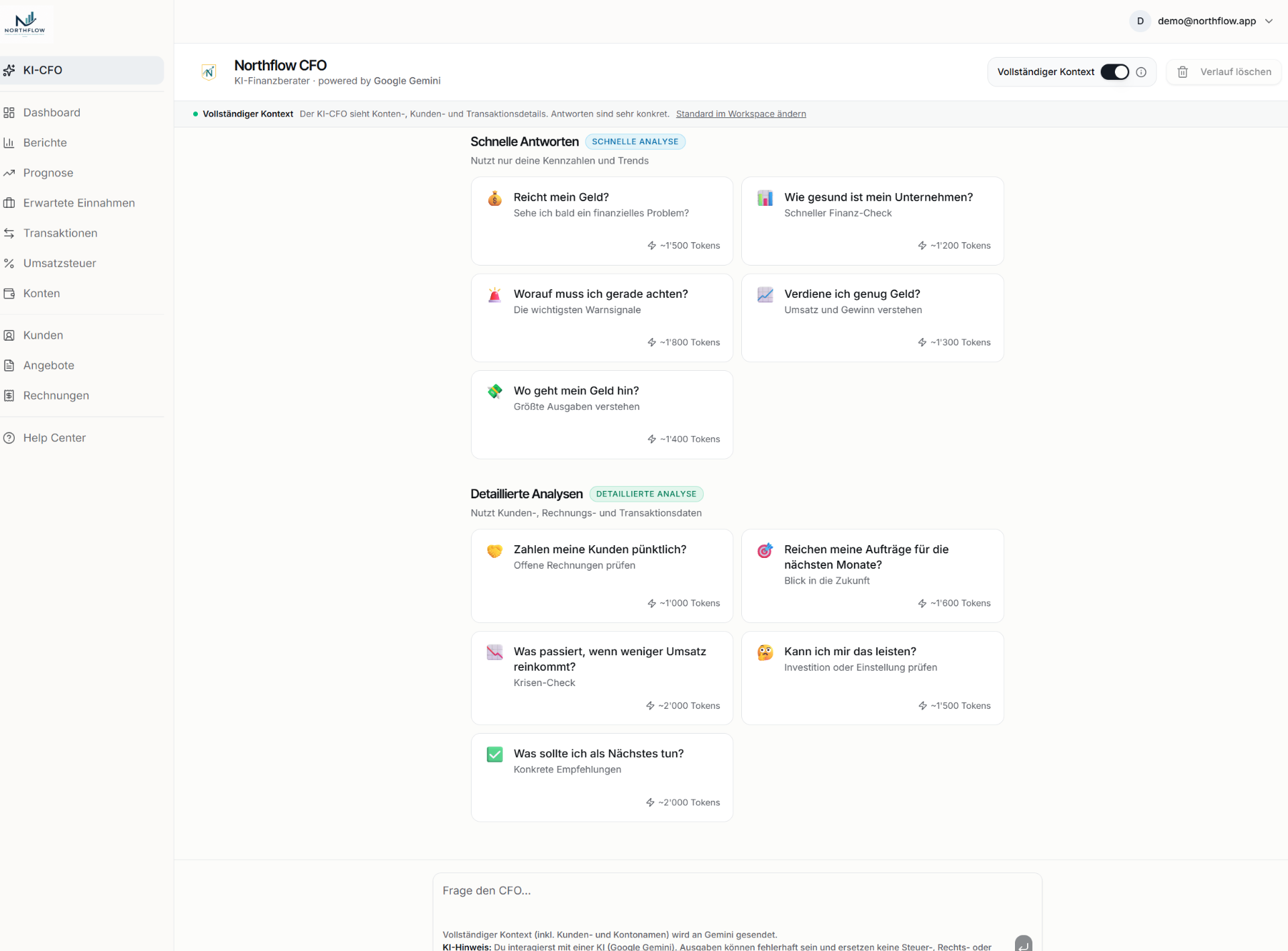 Northflow Fin mit kuratierten Frage-Vorschlägen für schnelle Analysen und detaillierte Auswertungen